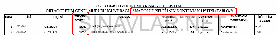 Anadolu Liseleri tercih